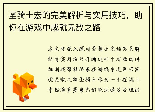 圣骑士宏的完美解析与实用技巧，助你在游戏中成就无敌之路