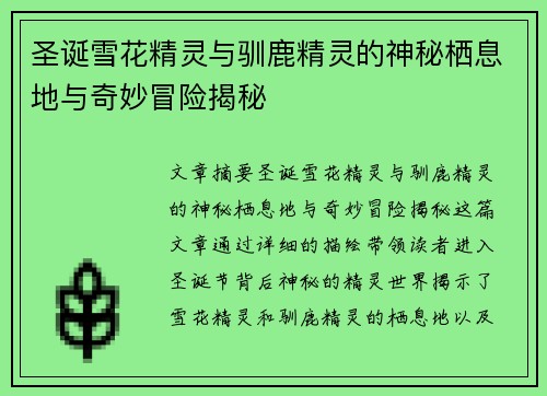 圣诞雪花精灵与驯鹿精灵的神秘栖息地与奇妙冒险揭秘
